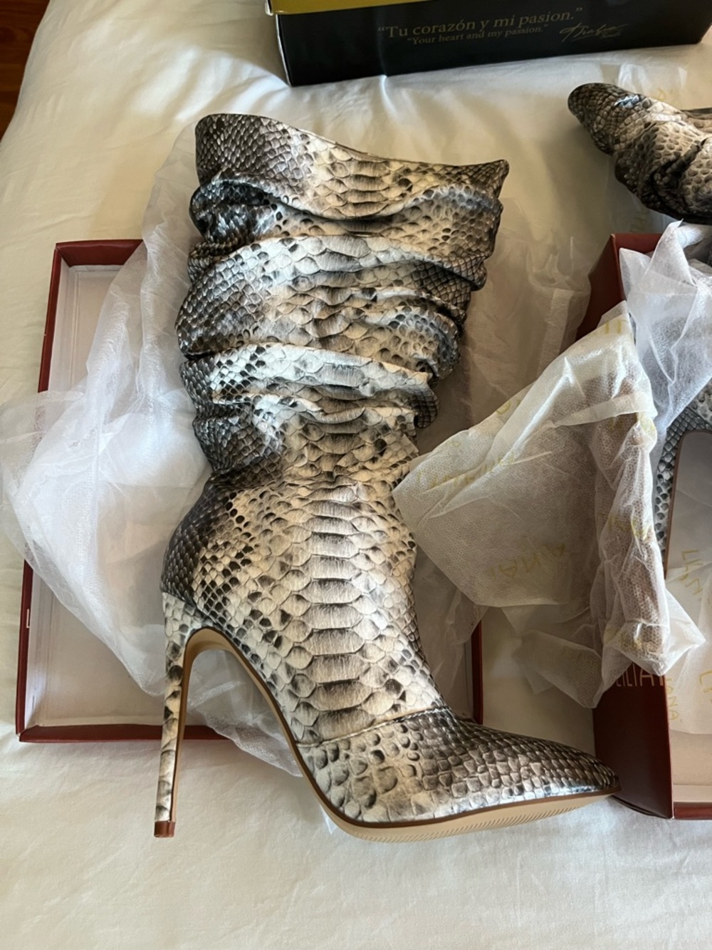 Liliana Python-Print Slouch Stiletto Knee-High Boot - Black and Cream